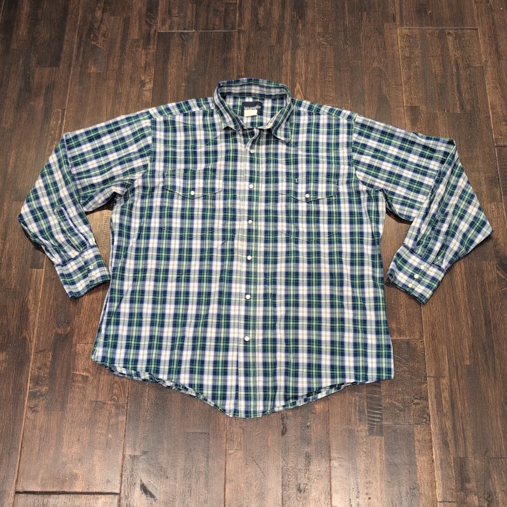 Wrangler Pearl Snap Plaid Check Long Sleeve Western Shirt Mens XL Green Blue